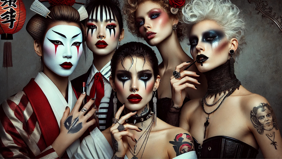 A striking visual of beauty rebels: Kabuki performer, Venetian courtesan, Riot Grrrl, Harlem glamour queen, and avant-garde drag icon. Bold, moody, and unapologetically rebellious.